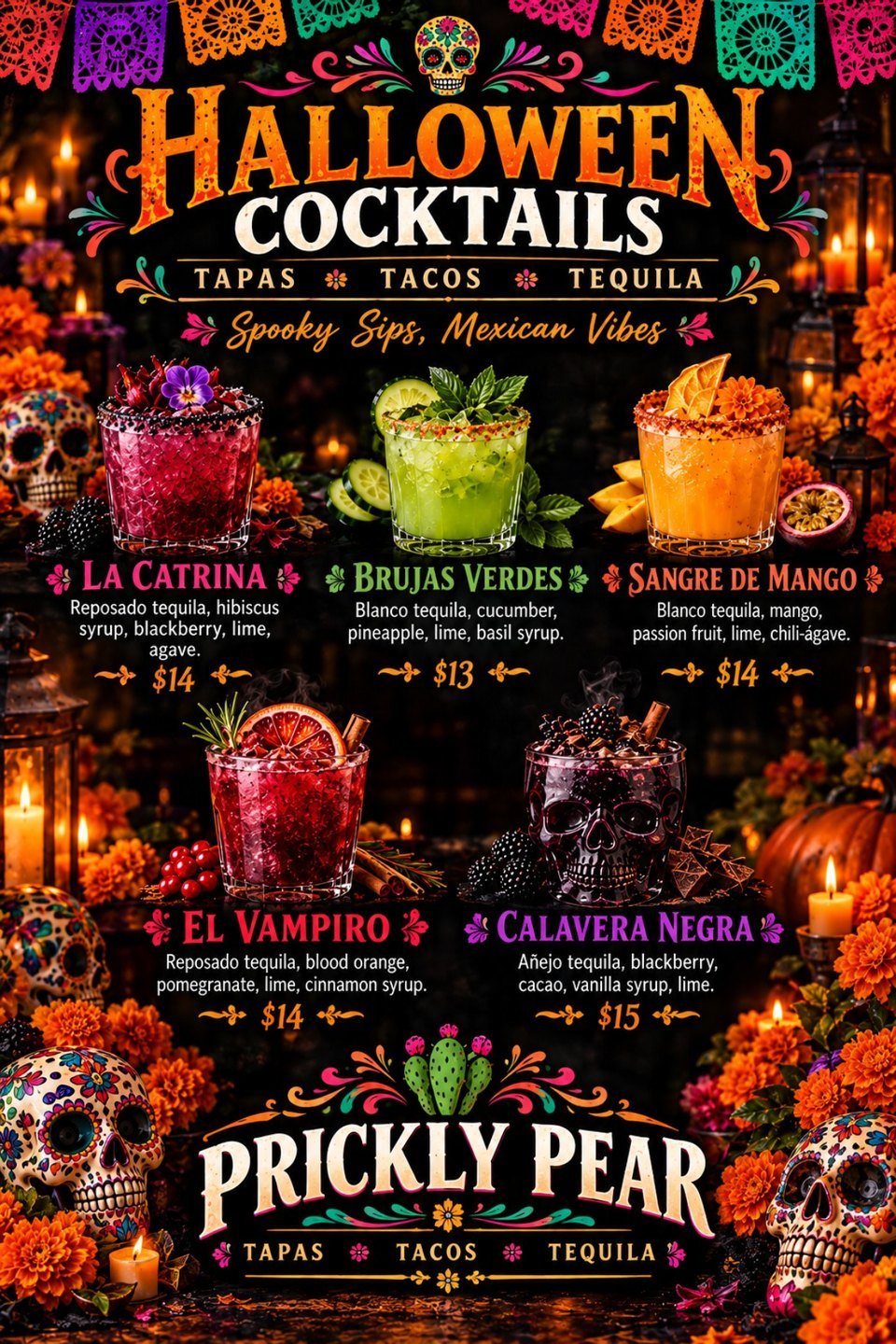 Prickly Pear Halloween Cocktails - La Catrina, Brujas Verdes, Sangre de Mango, El Vampiro and Calavera Negra tequila cocktails